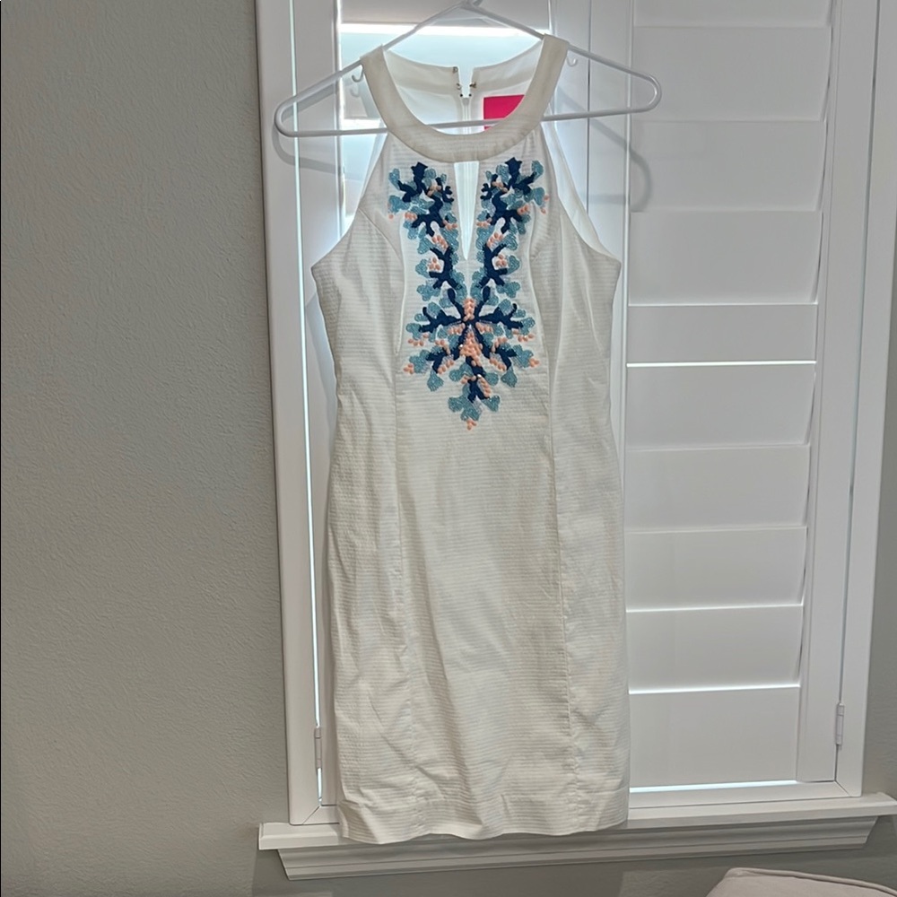 Lilly Pulitzer White Dress with Blue and Pink Embroidery